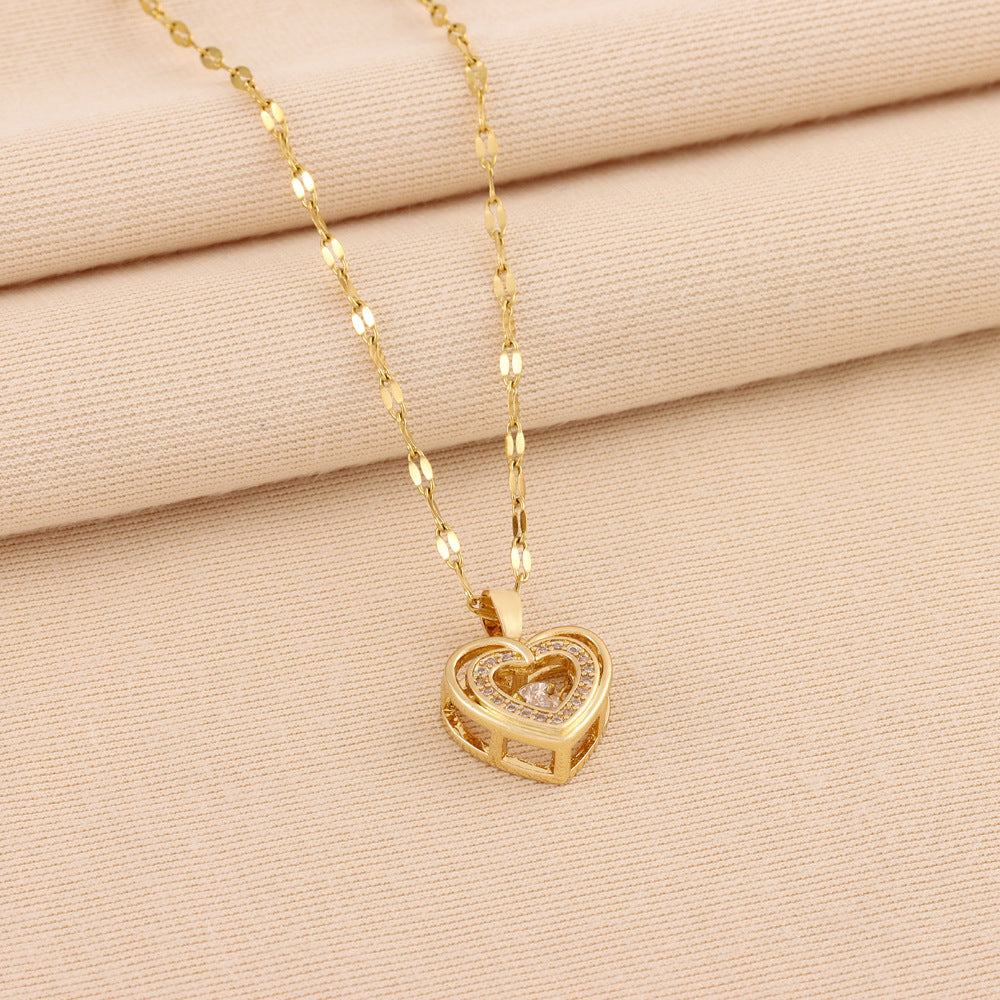 Double-layer Love Necklace With Rhinestones Titanium Steel Pendant Fashion Jewelry Woman 
Gift