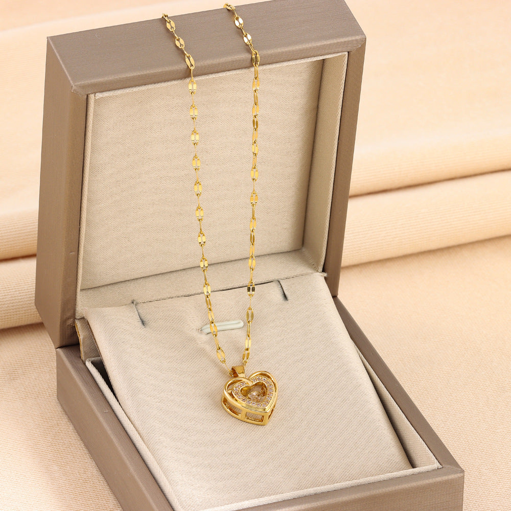 Double-layer Love Necklace With Rhinestones Titanium Steel Pendant Fashion Jewelry Woman 
Gift