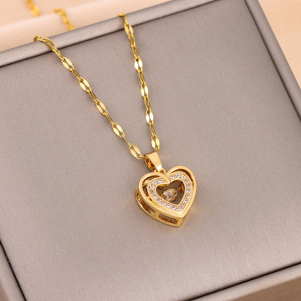 Double-layer Love Necklace With Rhinestones Titanium Steel Pendant Fashion Jewelry Woman 
Gift