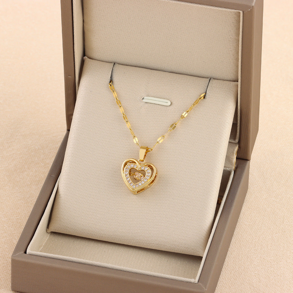 Double-layer Love Necklace With Rhinestones Titanium Steel Pendant Fashion Jewelry Woman 
Gift